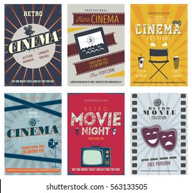 Retro Cinema Posters and Flyers. Colorful set of movie design elements with Film Projector, TV set,  cinema theater, director chair, popcorn, soda, reel and more.  Can be used for print, web. Vector.