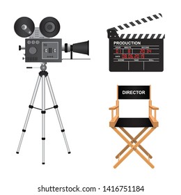 Retro cinema projector, clapper board and director chair vector illustration isolated on white background