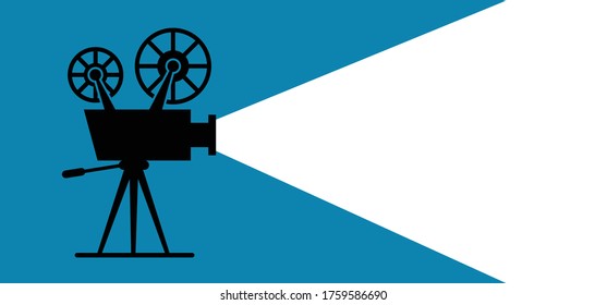 Retro cinema projector Film camera  tape with ray of light on blue background Vector movie time concept sign banner Recording projector icons Old picture roll frame Filmstrip Happy Spotlight festival