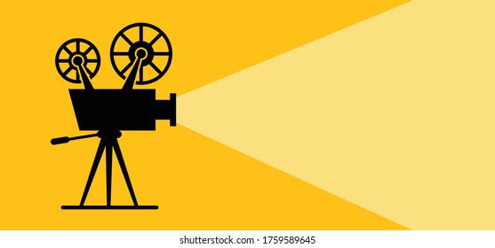 Retro cinema projector Film camera  tape with ray of light on yellow background Vector movie time concept sign banner Recording projector icons Old picture roll frame Filmstrip Fun spotlight festival