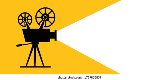 Retro cinema projector Film camera tape with ray of light on yellow background. Vector movie time concept. Recording projector icon or pictogram Old picture roll frame Filmstrip. Cartoon festival