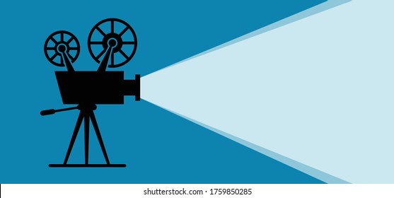 Retro cinema projector Film camera  tape with ray of light on blue background Vector movie time concept sign banner Recording projector icons Old picture roll frame Filmstrip Happy Spotlight festival