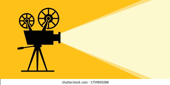 Retro cinema projector Film camera tape with ray of light on yellow background. Vector movie time concept. Recording projector icon or pictogram Old picture roll frame Filmstrip. Cartoon festival