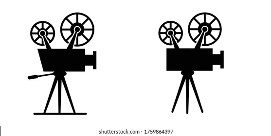 Retro cinema projector. Film camera tape with ray of light on yellow background Vector movie time sign banner Recording projector icons Old picture roll frame Filmstrip. Spotlight festival. cinema day