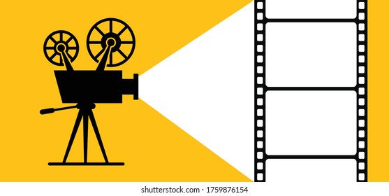 Retro cinema projector. Film camera tape with ray of light on yellow background Vector movie time sign banner Recording projector icons Old picture roll frame Filmstrip. Spotlight festival. cinema day