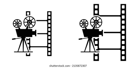 Retro cinema projector. Film camera tape with ray of light background Vector movie time sign banner Recording projector icons Old picture roll frame Filmstrip. Spotlight festival. cinema day
