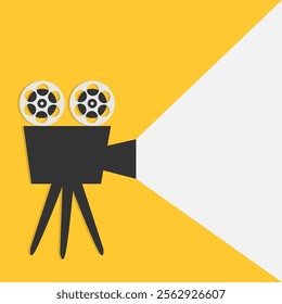 Retro Cinema projector with light. Movie night. Vintage film camera reel. Invitation, poster, banner, flyer template. Simple flat design. Yellow background. Isolated. Vector illustration