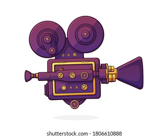 Retro cinema projector. Vintage film camera. Old fashioned movie camera. Symbol of the film industry. Cartoon vector illustration with outline. Clip art Isolated on white background