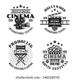 Retro cinema set of four vector emblems, labels, badges or logos in monochrome vintage style isolated on white background