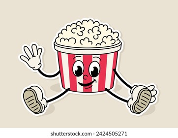 Retro cinema sticker. Basket with pop corn. Film and series industry. Emoji and emoticon. Graphic element for website. Cartoon flat vector illustration isolated on beige background