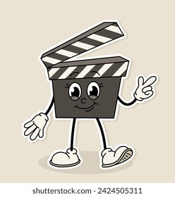 Retro cinema sticker. Clapperboard with legs and hands. Film and series industry. Emoji and emoticon. Graphic element for website. Cartoon flat vector illustration isolated on beige background