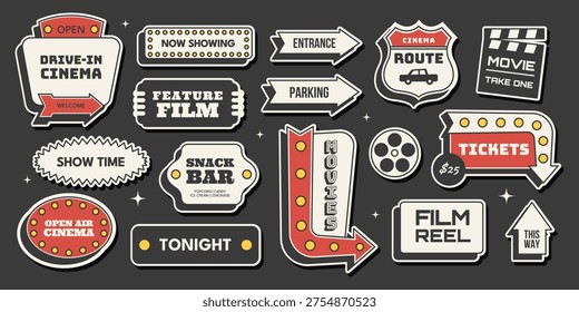 Retro cinema sticker set with drive in signs, arrows, tickets, movie, film reel in vintage 1950s Americana style. Classic vector illustration for film, entertainment