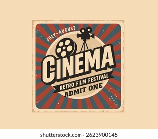 Retro Cinema Summer Festival Poster – Vintage Movie Advertisement On Old Paper Texture, Vector Illustration