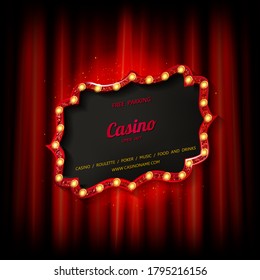 Retro cinema or theater frame illuminated by spotlight. Now showing sign on red curtain backdrop. Vintage Hollywood movie premiere signs vector template