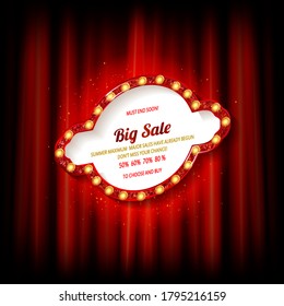 Retro cinema or theater frame illuminated by spotlight. Now showing sign on red curtain backdrop. Vintage Hollywood movie premiere signs vector template