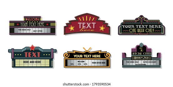 Retro Cinema Theater Signboards Style Neon Light Boxes, 1920s Signboard Templates