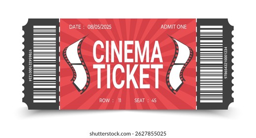 Retro cinema ticket design with filmstrip emblem. Movie ticket template. Vector illustration