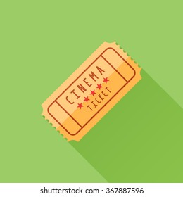 Retro cinema ticket flat icon with long shadow on green background
