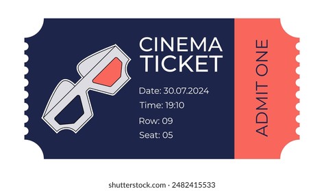 Entrada de cine retro con dibujo a mano 3d gafas groovy elemento de la mascota. Ilustración de Plantilla de Cupón de entrada de película. Vector