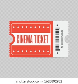 Retro cinema ticket template, isolated on transparent background. Red Ticket to cinema, theatre, concert, play, party, event or festival. Realistic style. Vector illustration EPS 10.