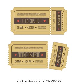 Retro cinema ticket template, isolated on white background. Set of Tickets to theater, concert or other event. Vector illustration in flat style. EPS 10.