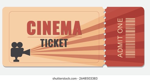 Retro cinema ticket with vintage design featuring a classic camera and warm color scheme. Perfect for movie promotions, film events, and cinema-themed designs.Vector