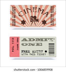 Retro cinema tickets or event. Shape with texture effect and vintage text. Admit one movie ticket. Vector 3D illustration, ready for print.