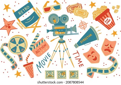 Retro cinema vector elements. Movie theater popcorn, retro film camera, filming clapperboard,  glasses and movies ticket illustration set 