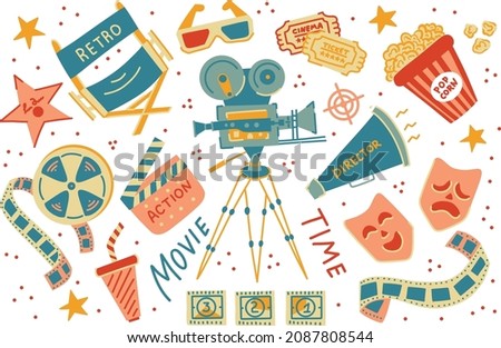 Retro cinema vector elements. Movie theater popcorn, retro film camera, filming clapperboard,  glasses and movies ticket illustration set 
