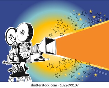 Retro cinema Video Camera with text place. Movie poster, placard banner for film. Vector illustration in hand drawing style