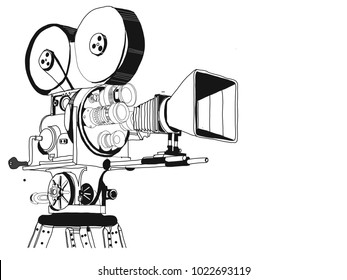 Retro Cinema Video Camera With Text Place. Movie Poster, Placard Banner For Film. Vector Illustration In Hand Drawing Style