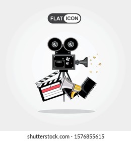 Retro cinema Video Camera with text. movie poster, placard banner for film. Vector illustration in flat style