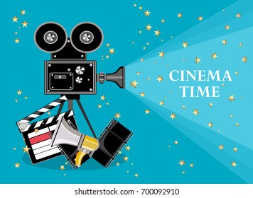 Retro cinema Video Camera with text. movie poster, placard banner for film. Vector illustration in flat style