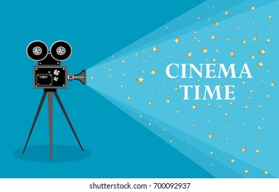 Retro cinema Video Camera with text. movie poster, placard banner for film. Vector illustration in flat style