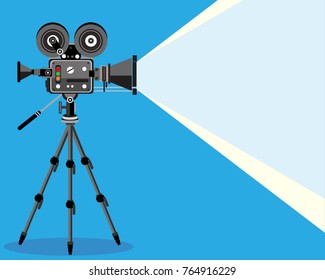 Retro cinema Video Camera with text place. movie poster, placard banner for film. Vector illustration in flat style