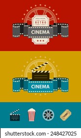 Retro cinematography banners with icons flat design. Eps10 vector illustration. Isolated on white background