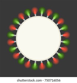 Retro Circle frame with red and green Christmas light bulb, flat design, no mesh, no gradient