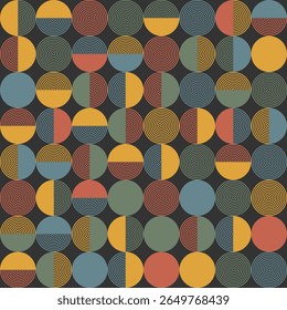 Retro circle pattern. Colored Bold rings and semicircles on black. Abstract geometric modern Background. Great for home decor, web design, poster, scrapbook paper, cover, social media