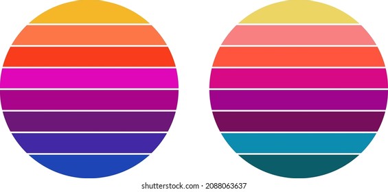 Retro circle striped backgrounds. Sunset 60s, 80s, 90s style. Abstract background psychedelic retro palette. Orange with pink, purple, blue. Colorful retro design. Backdrop for letters, logo, t-shirt.