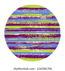 Retro circle vector geometric shape with striped texture of paint horizontal lines. Disc banner with old paint texture. Badge round shape circle logo element with grunge background of stripes.