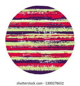 Retro circle vector geometric shape with striped texture of ink horizontal lines. Planet concept with old paint texture. Emblem round shape circle logo element with grunge background of stripes.