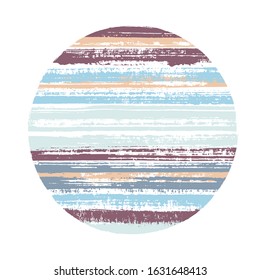 Retro circle vector geometric shape with striped texture of paint horizontal lines. Old paint texture disk. Emblem round shape logotype circle with grunge background of stripes.