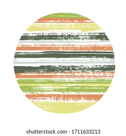 Retro circle vector geometric shape with striped texture of paint horizontal lines. Old paint texture disc. Emblem round shape circle logo element with grunge background of stripes.