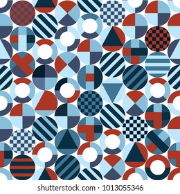 Retro circles with geometric shapes, seamless pattern, red,blue colors. Vector background.Abstract wallpaper for textile printing, packaging, wrapper, web design