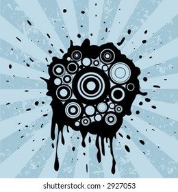 círculos retrô e lascas de tinta no fundo grunge com raios