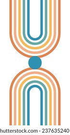 Dibujo de líneas y círculos retro. Formas geométricas de tejidos y naranjas. Afiche de vectores de mediados de siglo.