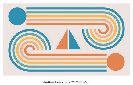 Retro circles and lines illustration. Teal and orange geometric shapes. Vector mid century poster.