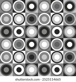 Retro cirkels midcentury stijl zwart wit Vector Patroon. Op-art cirkels checker in monochrome neutralen zwart, wit, grijs.
