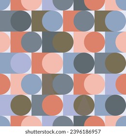 Retro circles mosaic checker pastel colors, salmon pink, dusted blue, moss green, mid-century modern style.