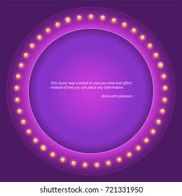 Retro circular background with light bulbs. Retro design element circle signboard. Glowing lights on circle billboard with place for your text.